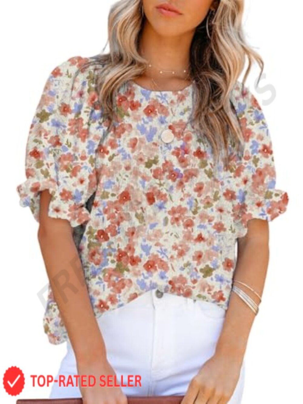 Dokotoo Women's Floral Print Puff Sleeve Blouse Crew Neck Babydoll Tunic Top